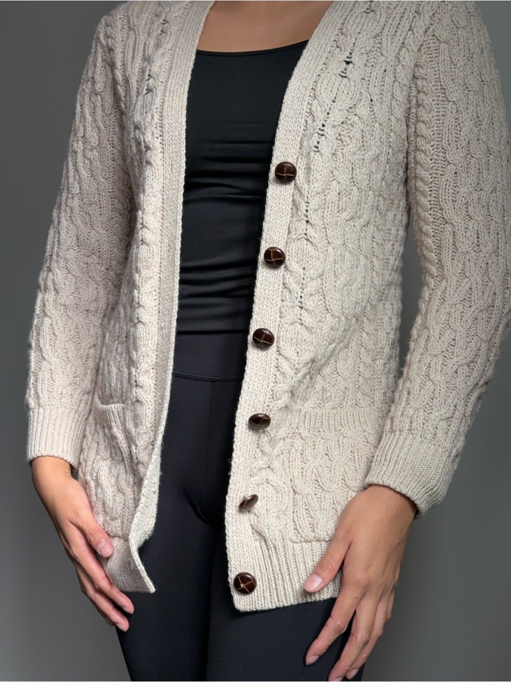 Light Beige 100% Merino Wool Cable Knit Women's Sweater Cardigan